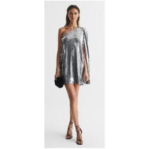 REISS Eva Cape Sequin Mini Silver One Shoulder Dress US 8